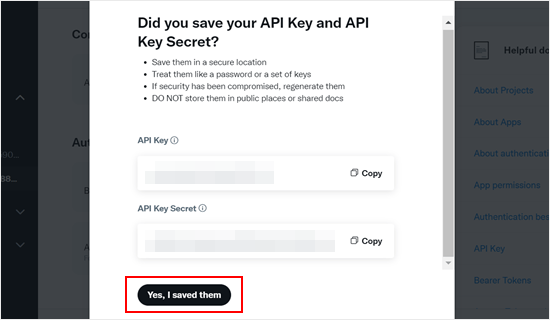 Copying the X app API key and API secret