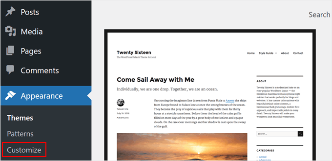 Opening the WordPress theme customizer for classic themes