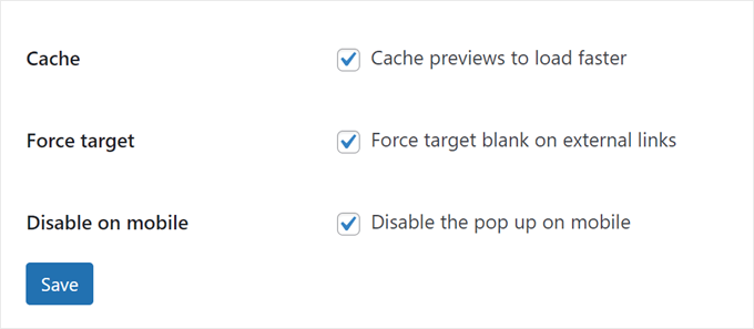 Configuring caching, open in a new tab, and mobile popup settings in Bright Links Preview
