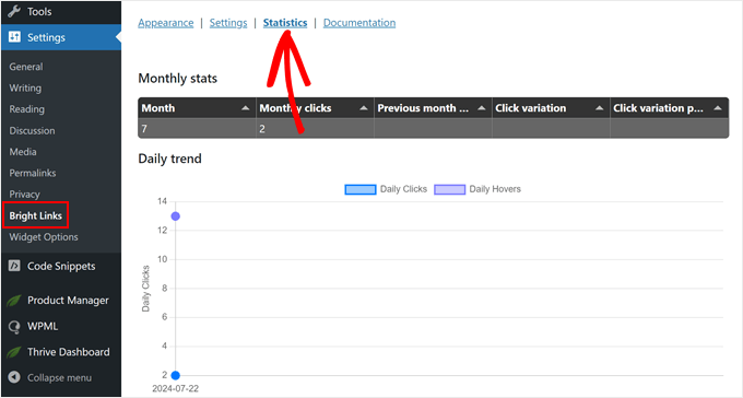 Bright Links Preview's statistics feature