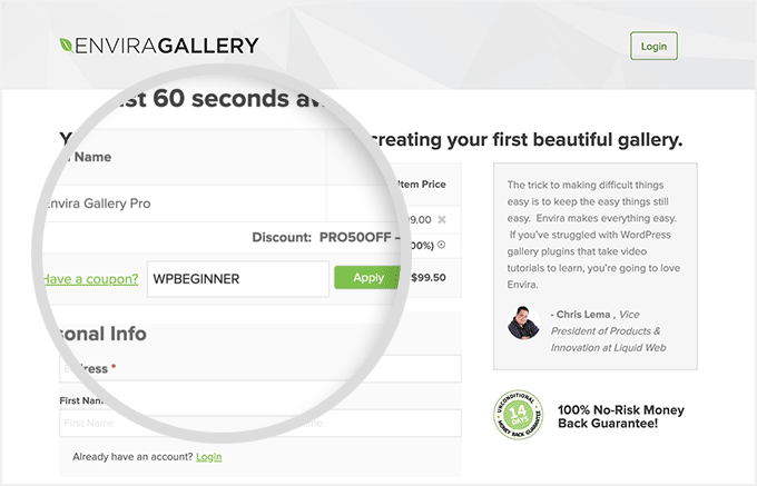 Envira Gallery add coupon code WPBEGINNER