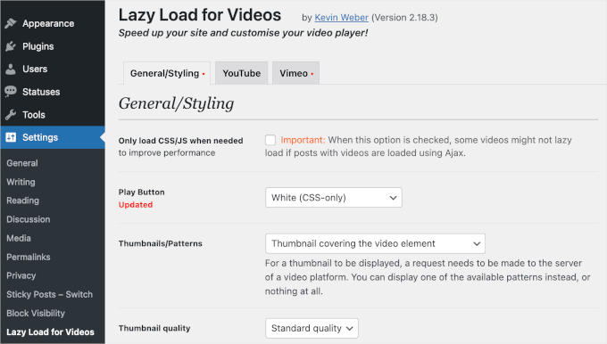 Settings page for lazy load for videos WordPress plugin