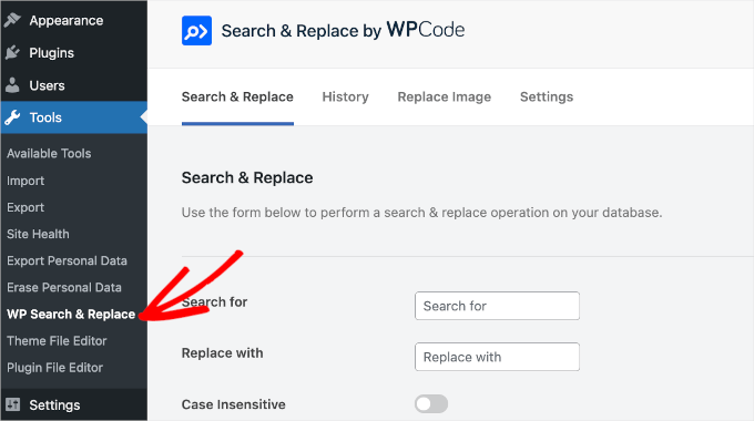 WP Search & Replace menu item