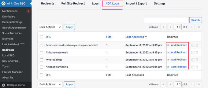 404 Logs Under Redirects