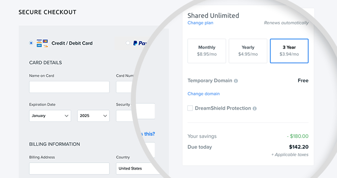 DreamHost order summary and secure checkout