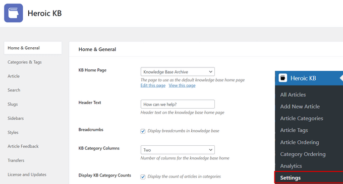 Configure Heroic Knowledge Base settings