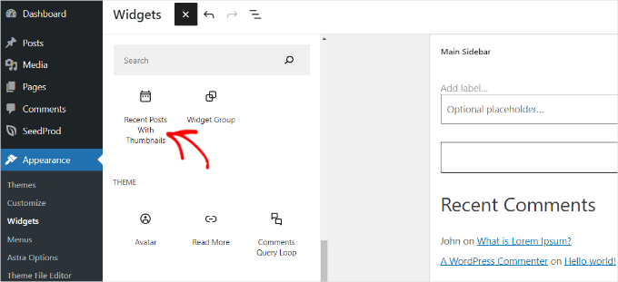 Add recent posts with thumbnails widget block