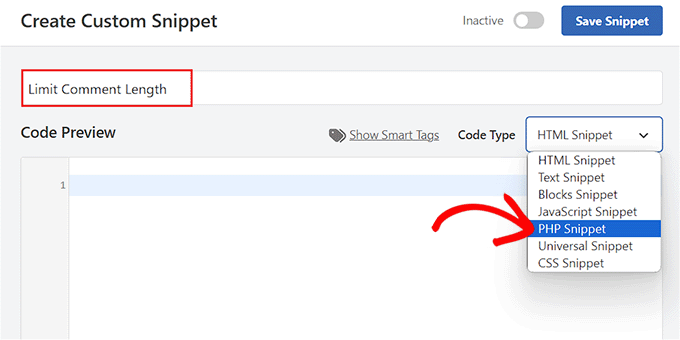 اختر خيار PHP Snippet لتحديد طول التعليق