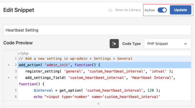 Activating the Heartbeat Settings Snippet in WPCode