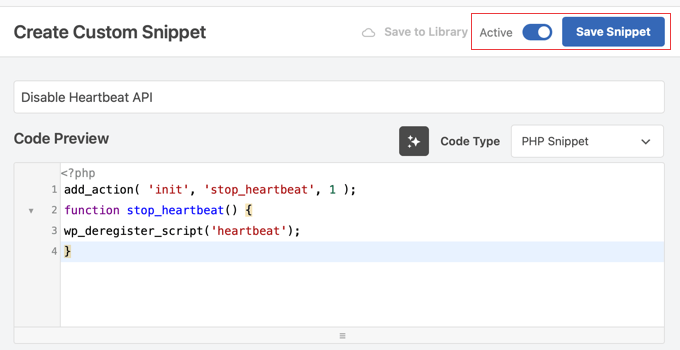 Activating the WPCode Snippet for Deactivating the Heartbeat API