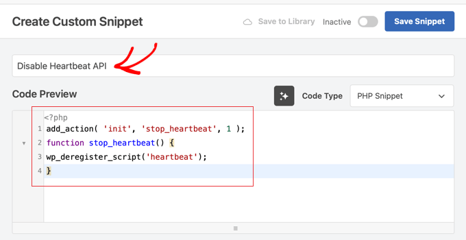 Adding the Deactivate Heartbeat API Code Snippet in WPCode