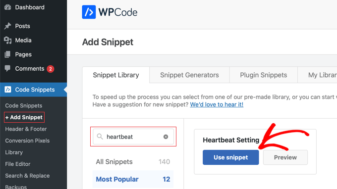 Creating a Heartbeat Settings Snippet in WPCode