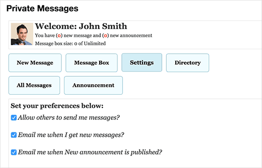 WordPress 中私人消息的用户设置