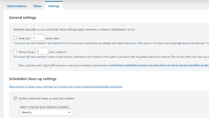 WP optimize settings