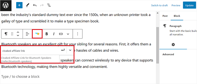 Add affiliate link in the block editor