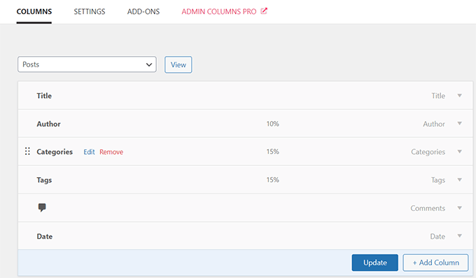 Admin columns settings