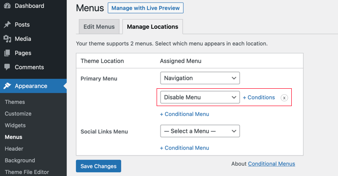 Select Disable Menu From the Drop Down