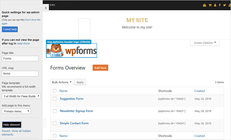 example of a front-end admin page