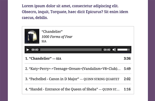  Una lista de reproducción de audio incrustada en una publicación de blog de WordPress