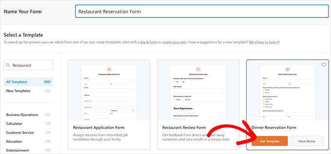 Click the Use Template button under the Dinner Reservation Form template