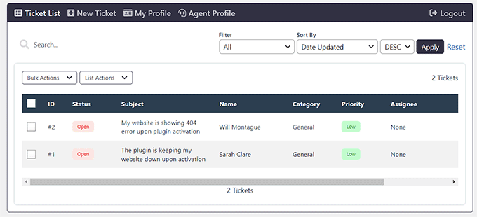 SupportCandy dashboard