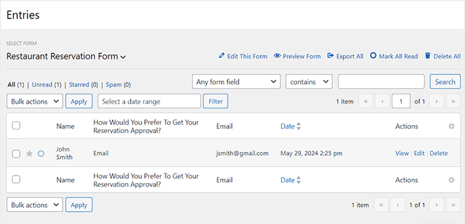 View reservation form entries