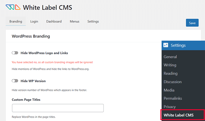 White Label CMS settings