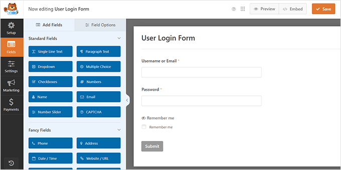 WPForms login form