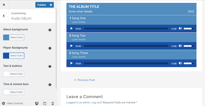 Customizing the Audio Album player