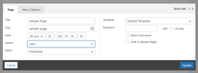 Quick edit page settings