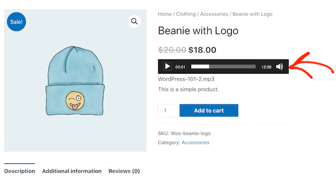 An audio player embedded on a WooCommerce product page
