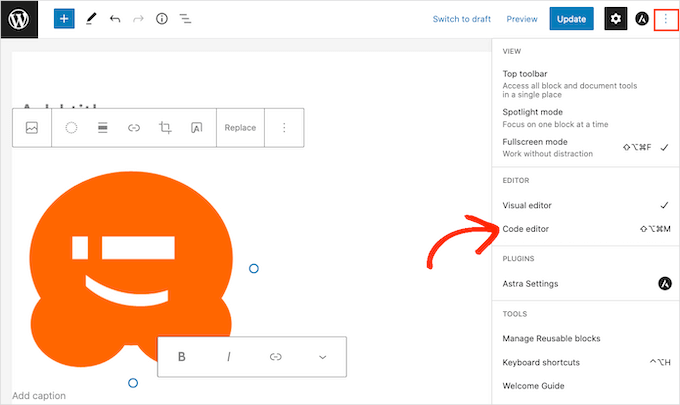 The code editor menu item in WordPress