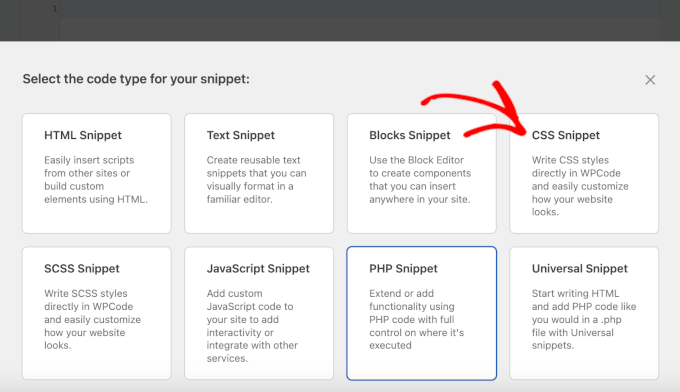 Selecting CSS Snippet as the Code Type