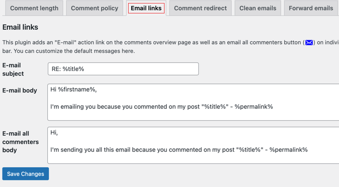 Comment Hacks - Email Links Settings