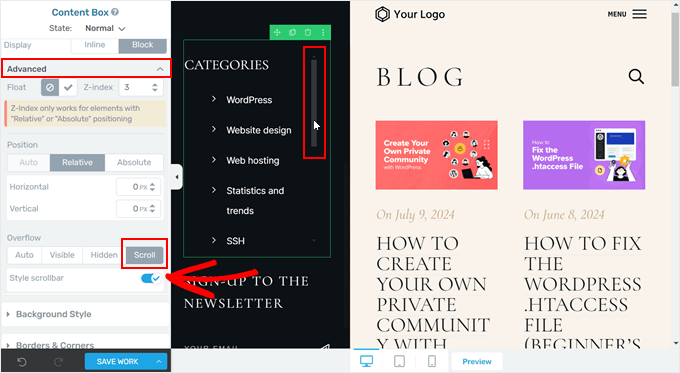 Enabling the custom scrollbar in Thrive Architect