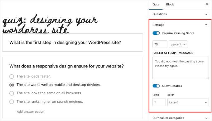 Configuring quiz settings