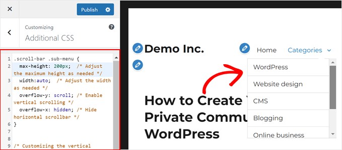 Adding a scrollbar to a menu in WordPress theme customizer