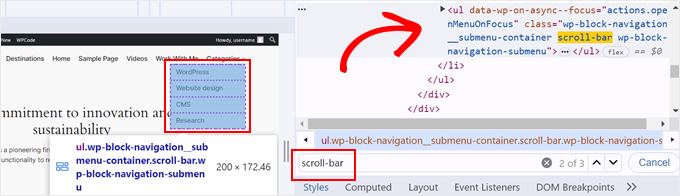 Locating the scroll-bar element using the Inspect tool