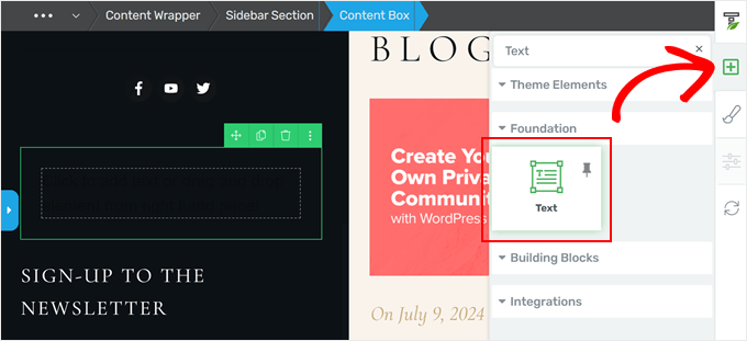 Adding a Text box element in Thrive Architect