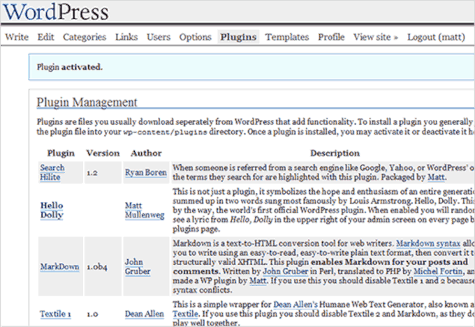 First WordPress plugins screen