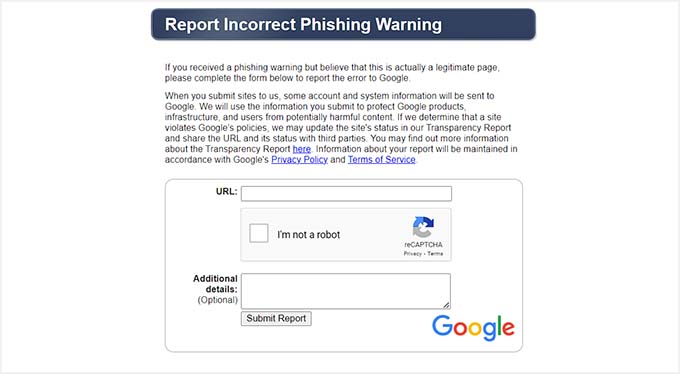 Incorrect phishing warning form