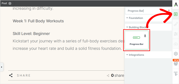 Adding a progress bar block with Thrive Architect