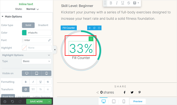 Editing the fill counter's number in Thrive Architect