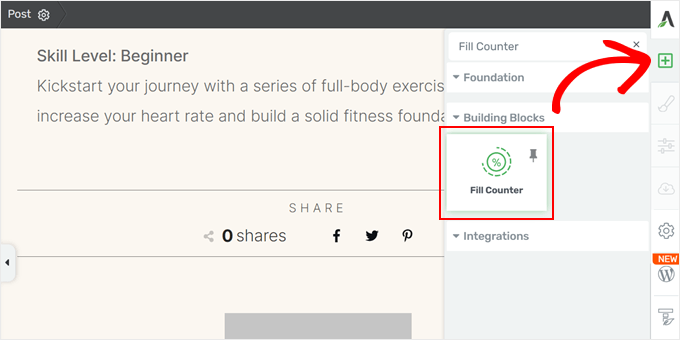 Adding a fill counter block in Thrive Architect