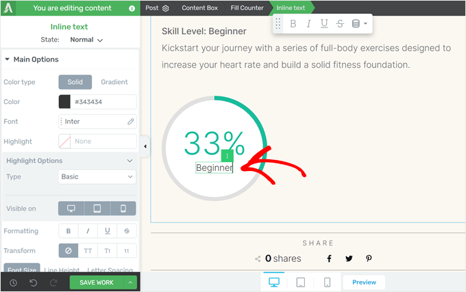 Editing the fill counter's label in Thrive Architect