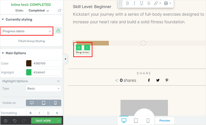 Editing the progress label's style in Thrive Architect