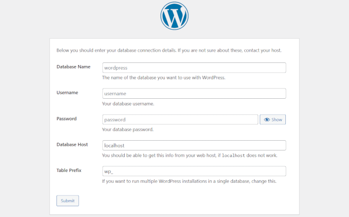 WordPress database settings during installation