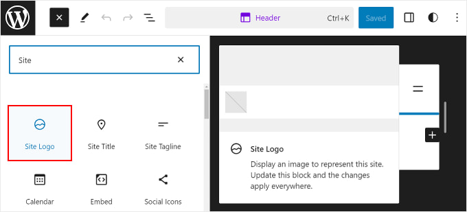 Opening the block inserter to find the Site Logo block