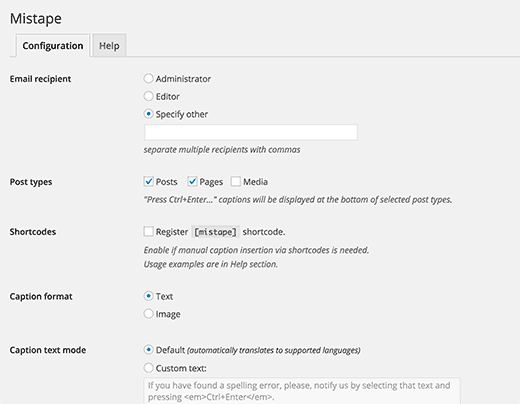 Mistape settings page