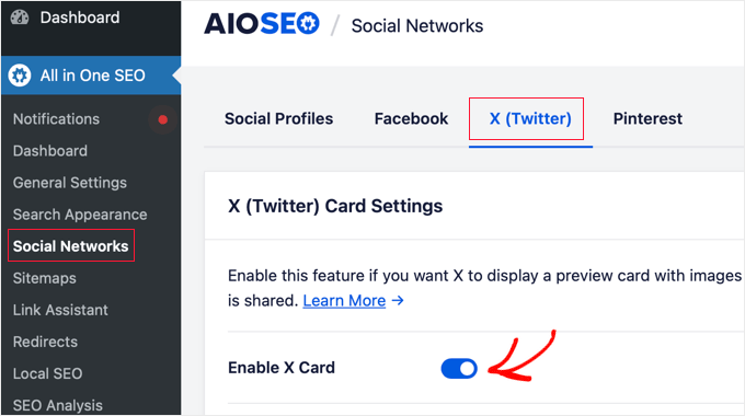 AIOSEO Enable X Card Option